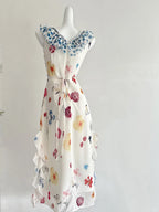 Fresh White Background Colorful Floral V-Neck Ruffle Waist Chiffon Long Classy Prom Dress