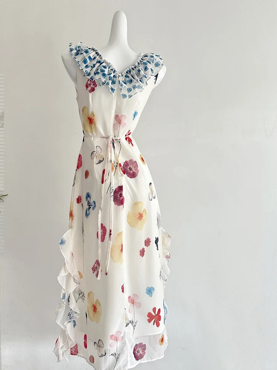 Fresh White Background Colorful Floral V-Neck Ruffle Waist Chiffon Long Classy Prom Dress