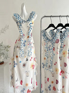 Fresh White Background Colorful Floral V-Neck Ruffle Waist Chiffon Long Classy Prom Dress