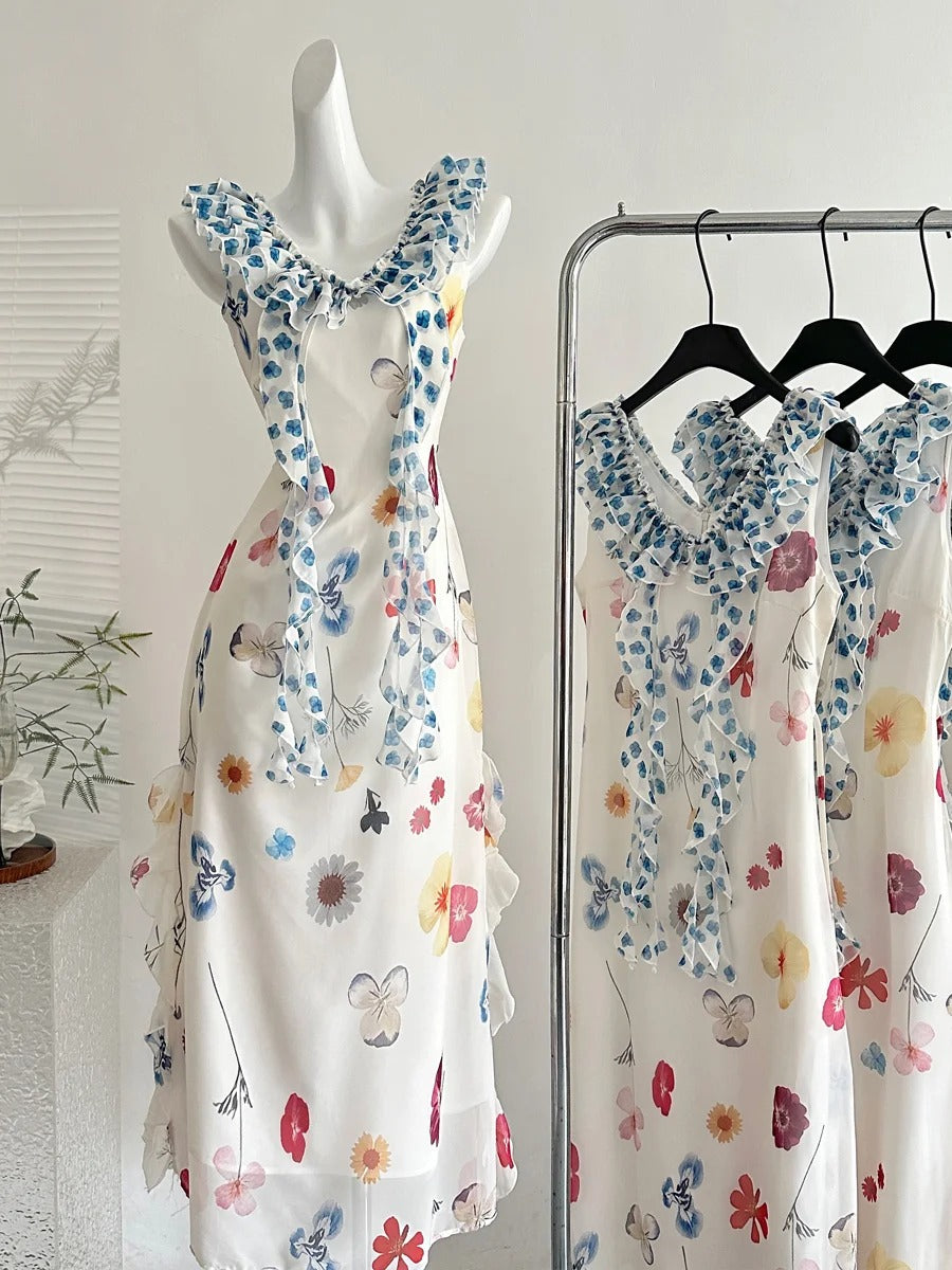 Fresh White Background Colorful Floral V-Neck Ruffle Waist Chiffon Long Classy Prom Dress