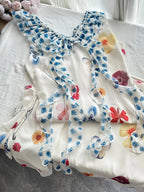 Fresh White Background Colorful Floral V-Neck Ruffle Waist Chiffon Long Classy Prom Dress