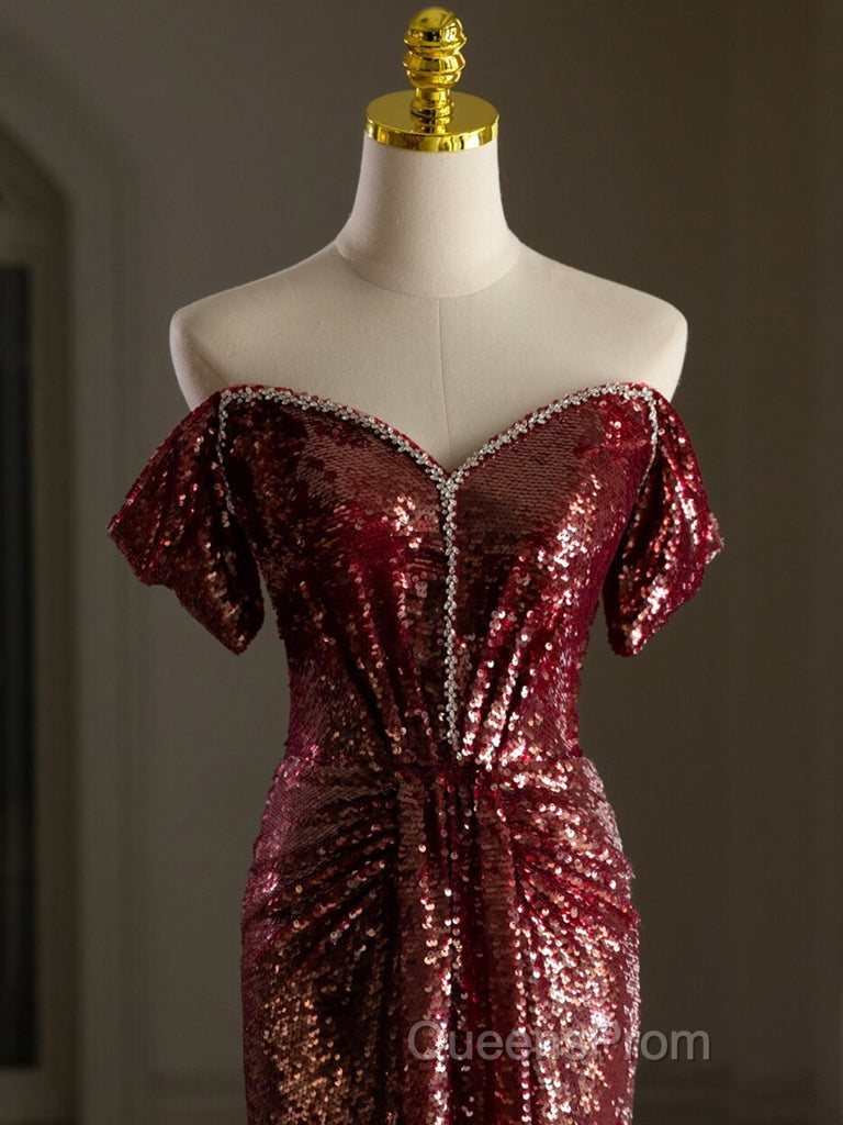 Simple Off Shoulder Sequin Burgundy Long Evening Prom Dress, Burgundy Long Evening Dress