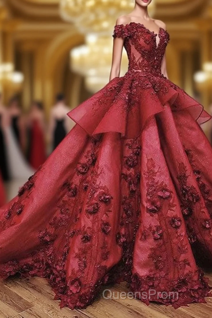Ball Gown Off the Shoulder Evening Prom Dress with Beading, Puffy Long Quinceanera Dress