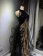 Black Gold Embroidered A-Line Prom Dresses Glittering Dress Formal Floor Length Sleeveless High Neck Sequined with Glitter Tassel