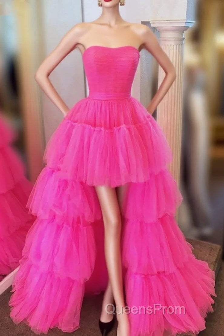 Fuchsia A-line High Low Strapless Tulle Evening Prom Dress with Ruffles Main image