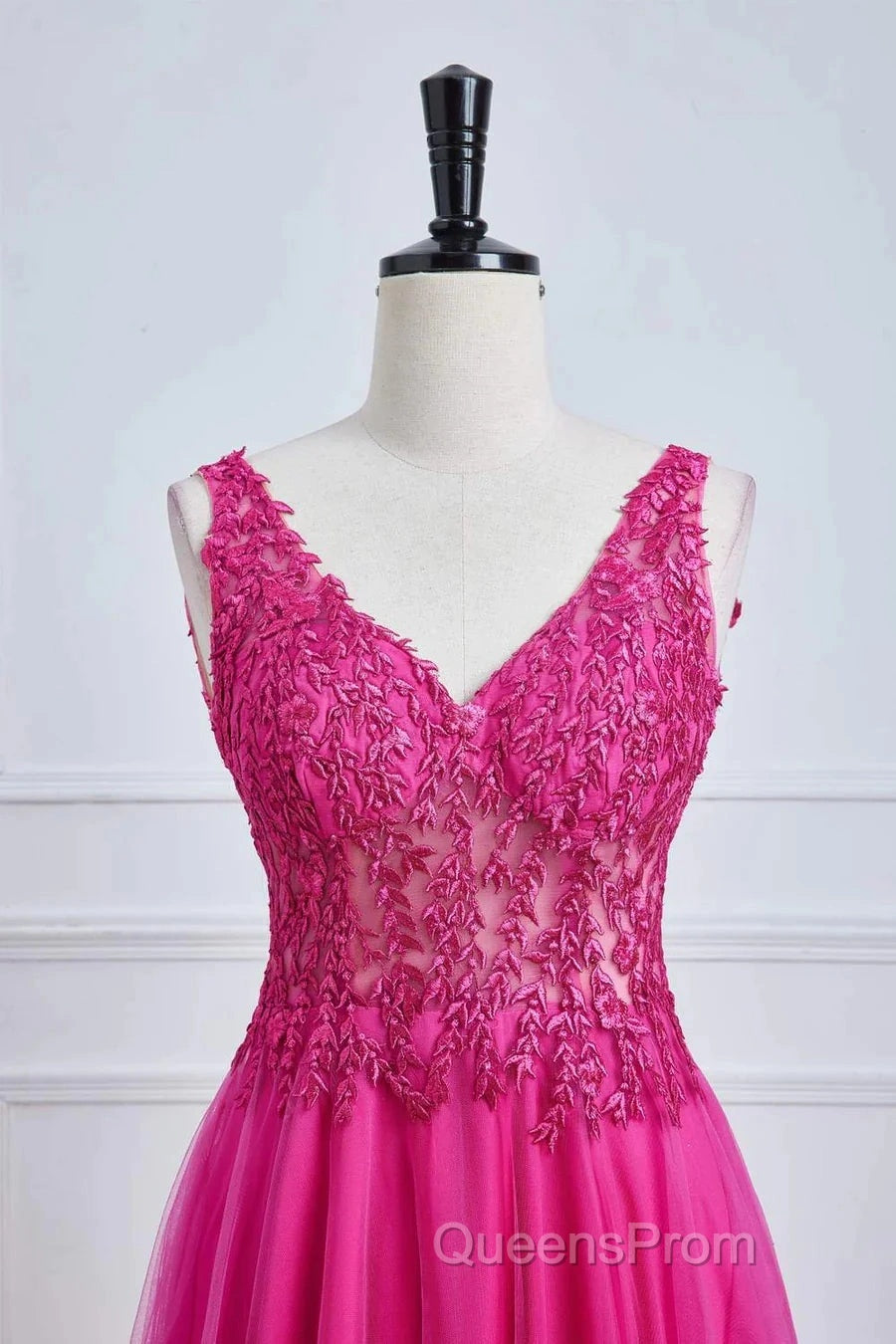 Fuchsia A-Line Long Evening Prom Dress Plunging V Neck Floral