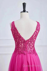 Fuchsia A-Line Long Evening Prom Dress Plunging V Neck Floral