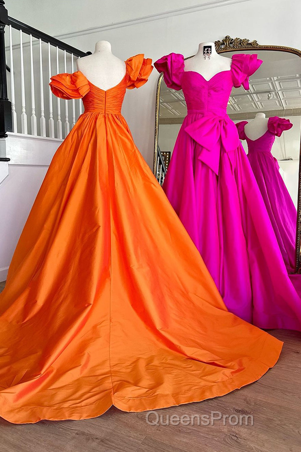 Fuchsia A Line Long Evening Prom Dress with Puff Sleeves Secondary image