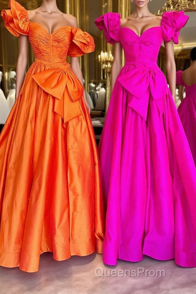 Fuchsia A Line Long Evening Prom Dress with Puff Sleeves Main image