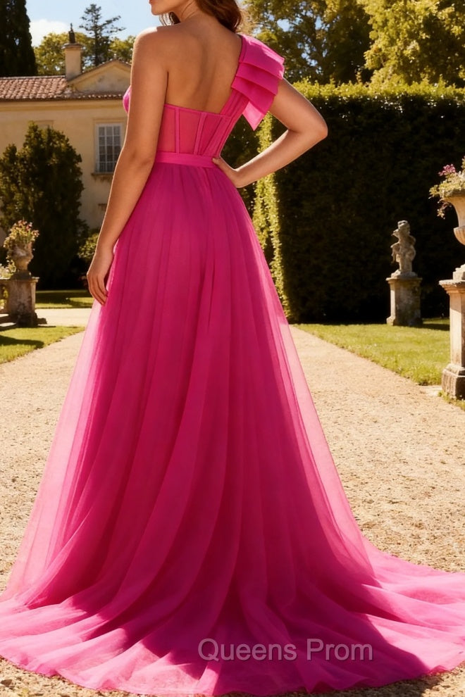Fuchsia A Line One Shoulder Corset Long Prom Dress With Slit