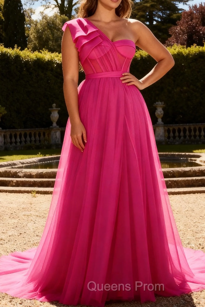 Fuchsia A Line One Shoulder Corset Long Prom Dress With Slit Main image