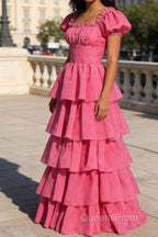Fuchsia A Line Square Neck Tiered Prom Dress With Ruffles
