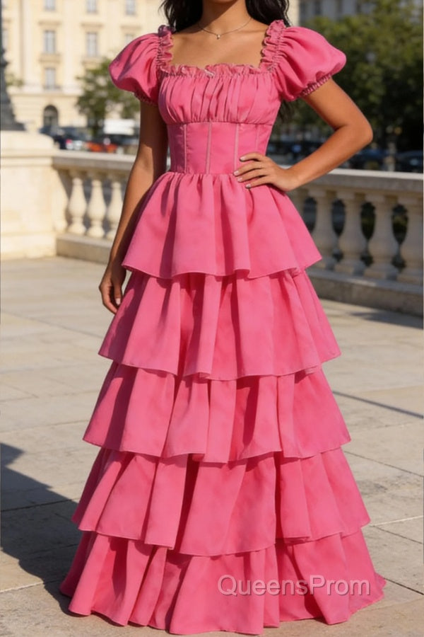 Fuchsia A Line Square Neck Tiered Prom Dress With Ruffles Main image