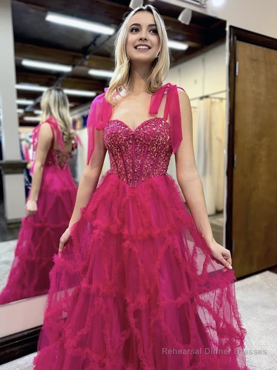 Fuchsia A Line Sweetheart Tiered Tulle Long Prom Dresses Secondary image