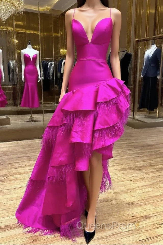 Fuchsia A Line V Neck Irregular Long Evening Prom Dress