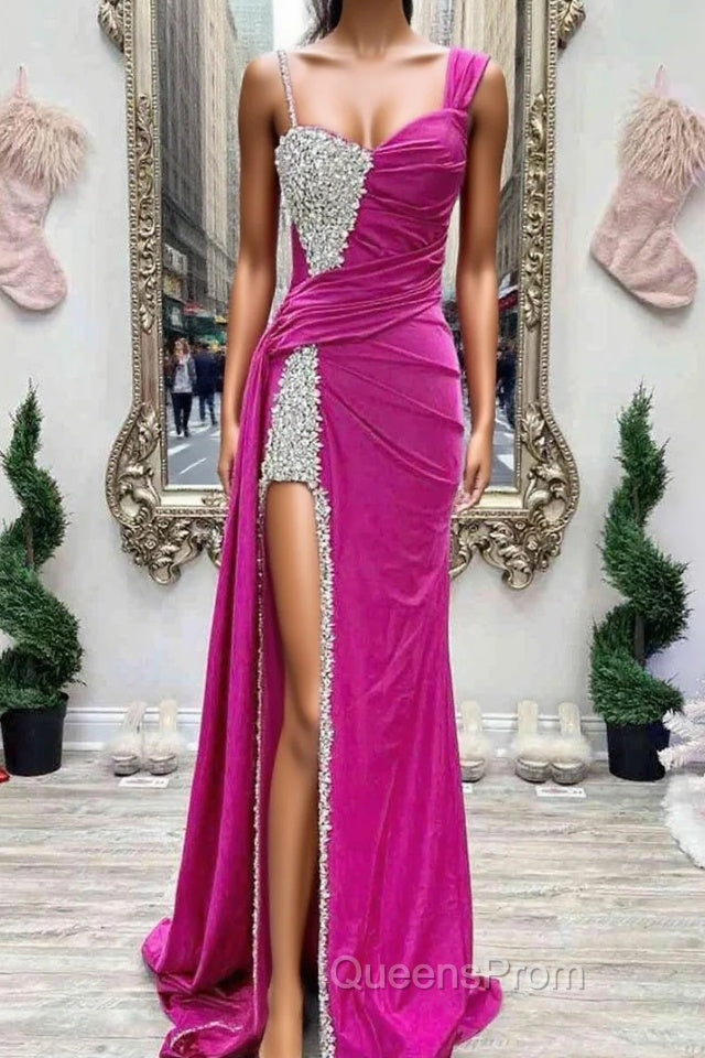 Fuchsia Asymmertrical Beaded Crystal Evening Prom Dress