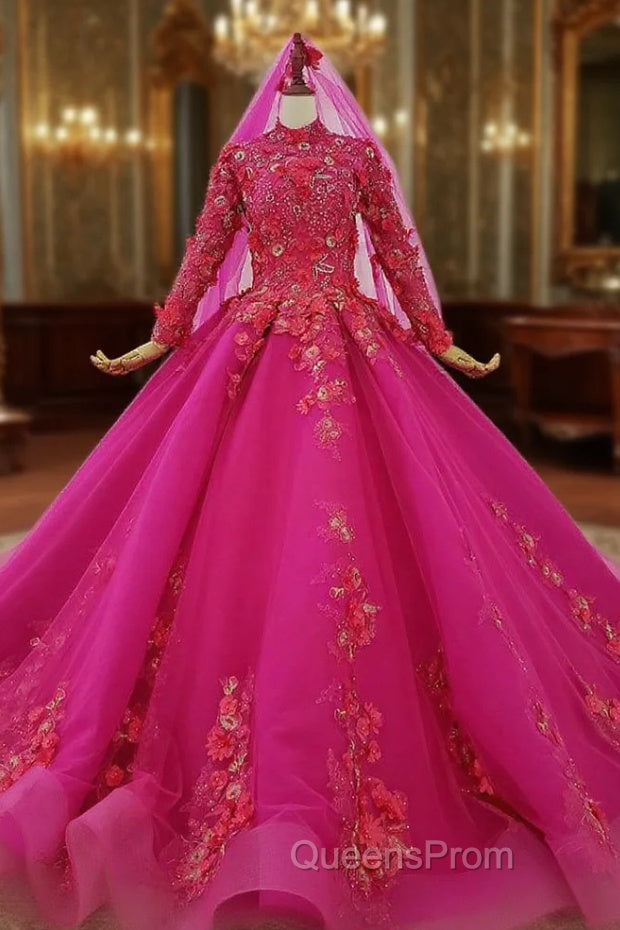 Fuchsia Ball Gown High Neck Long Sleeve Appliques Beading Wedding Dress Main image