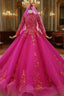 Fuchsia Ball Gown High Neck Long Sleeve Appliques Beading Wedding Dress