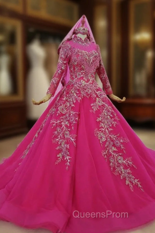 Fuchsia Ball Gown High Neck Long Sleeve Embroidery Appliques Wedding Dress Main image