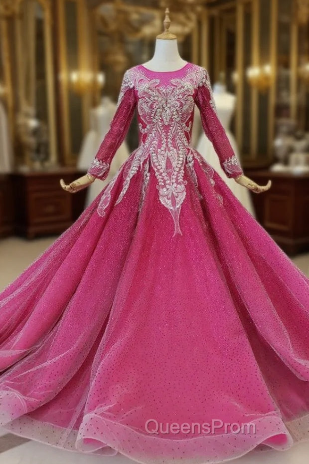 Fuchsia Ball Gown Sequins Long Sleeve Beading Wedding Dress Main image