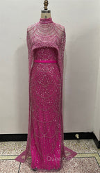 Fuchsia Beading Evening Prom Dress Sweep Train High Neck Zipper Sleeveless Evening Dress