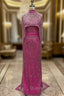 Fuchsia Beading Evening Prom Dress Sweep Train High Neck Zipper Sleeveless Evening Dress