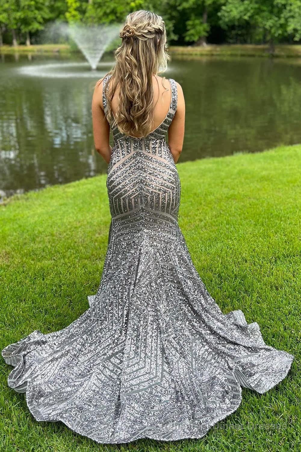 Fuchsia Deep V Neck Sequin Mermaid Prom Dress