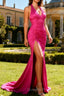 Fuchsia Halter Ruched Mermaid Long Prom Dress With Slit