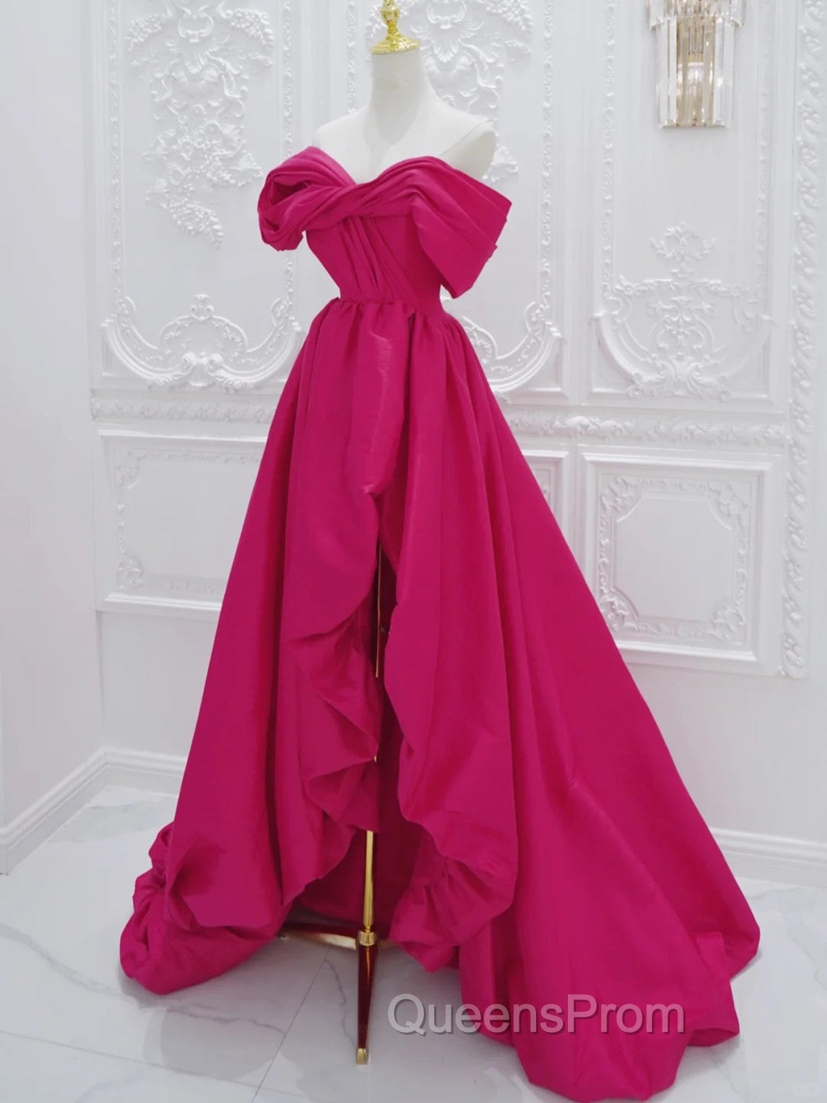 Fuchsia High Low Off Shoulder Party Dress, High Low Evening Prom Dress Evening Dress