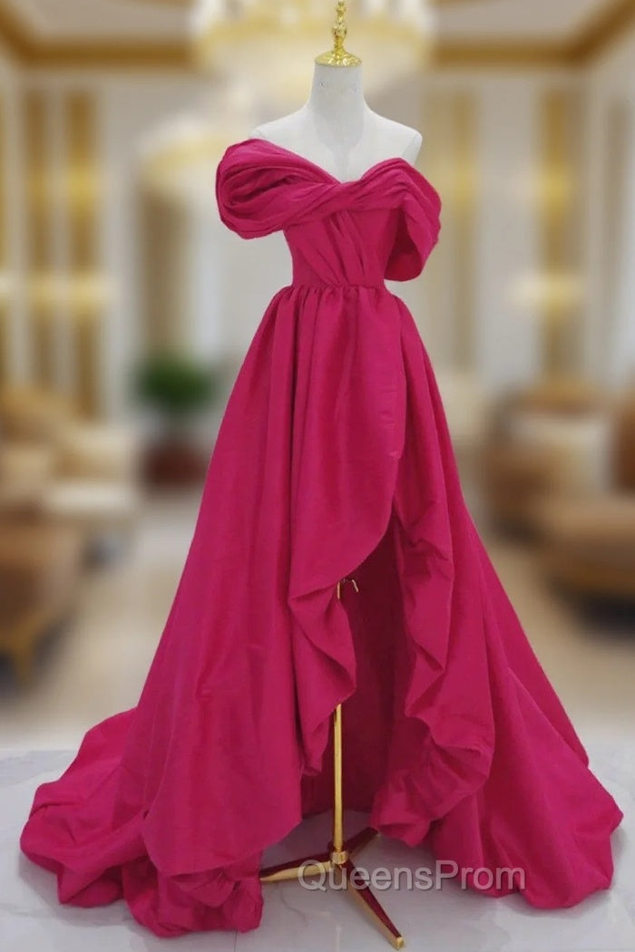 Fuchsia High Low Off Shoulder Party Dress, High Low Evening Prom Dress Evening Dress Main image