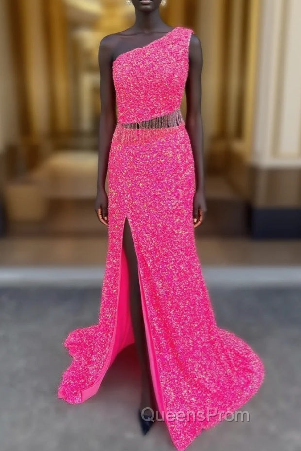 Fuchsia Mermaid Sequins Beading One Shoulder Evening Prom Dress Main image