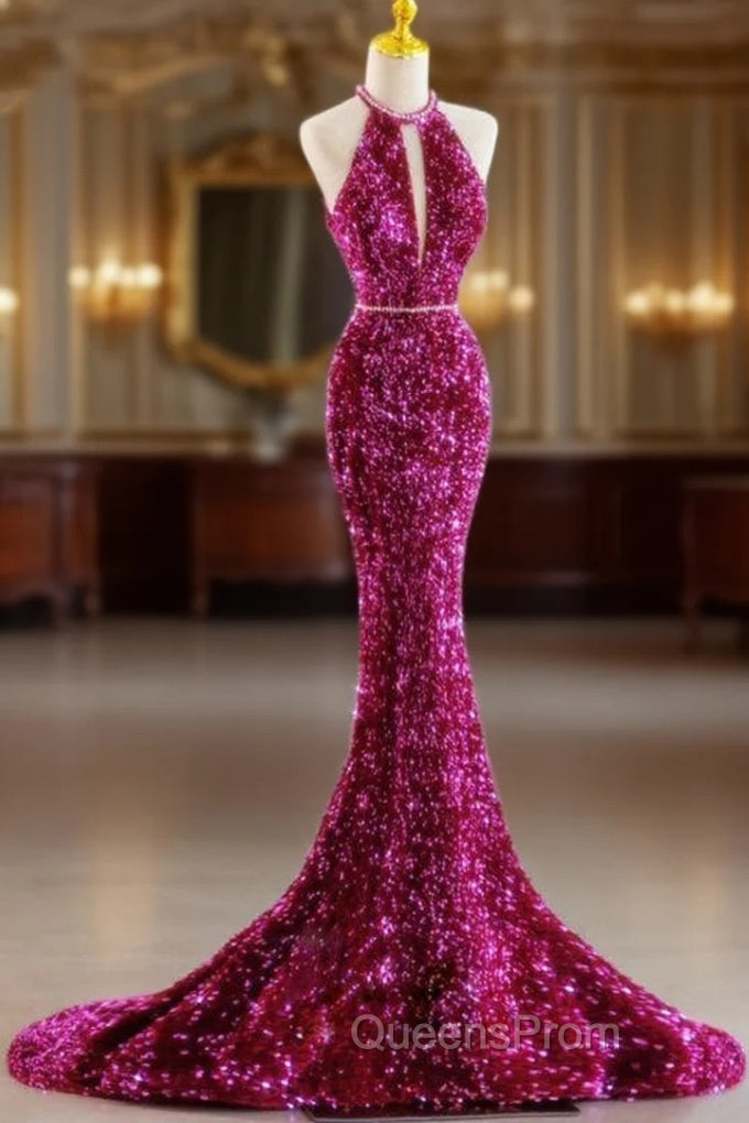 Fuchsia Mermaid Sequins Halter Evening Prom Dress Main image