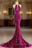 Fuchsia Mermaid Sequins Halter Evening Prom Dress