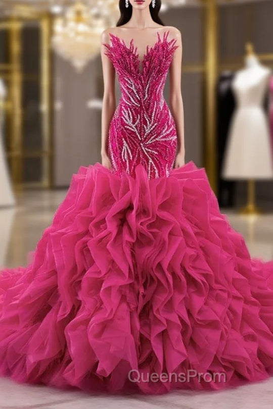 Fuchsia Mermaid Strapless Beading Evening Prom Dress Main image