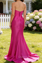 Fuchsia Mermaid Strapless Pleated Corset Long Prom Dress with Slit