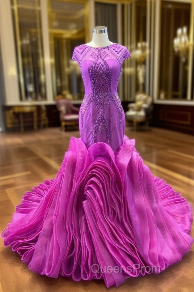 Fuchsia Mermaid Tulle Beading Evening Prom Dress Main image