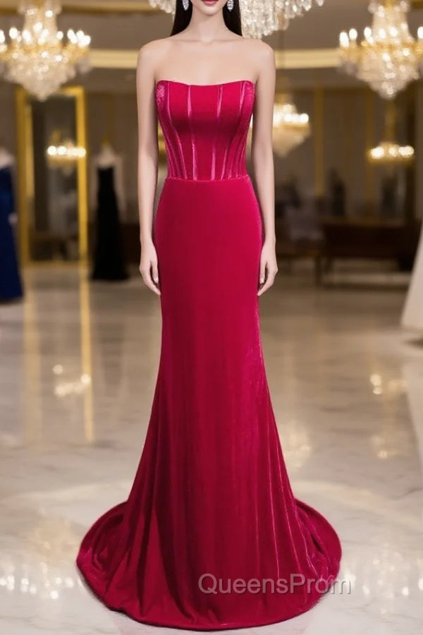 Fuchsia Mermaid Velvet Strapless Evening Prom Dress