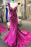 Fuchsia One Shoulder Satin Flower Evening Prom Dress