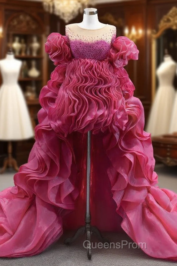 Fuchsia Organza Pearls  Evening Prom Dress