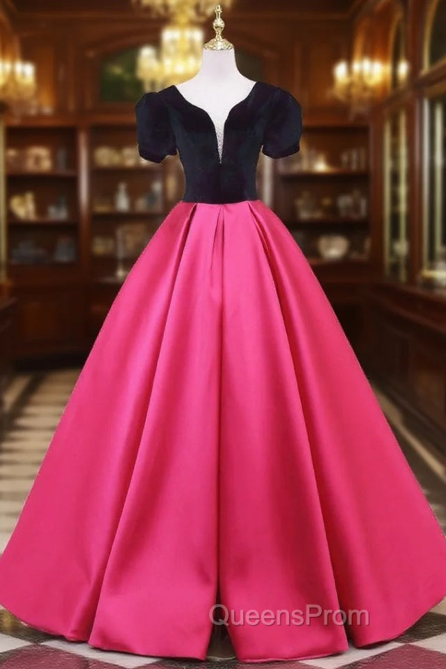 Fuchsia Satin Black Velvet Short Sleeve Evening Prom Dress Main image
