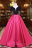 Fuchsia Satin Black Velvet Short Sleeve Evening Prom Dress