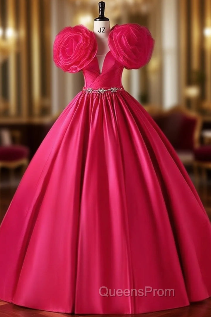 Fuchsia Satin Flower Beading Quinceanera Dress Main image