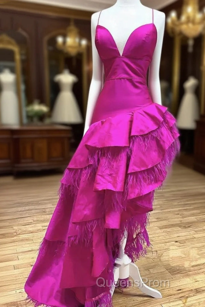 Fuchsia Satin  Spaghetti Straps Feather Evening Prom Dress