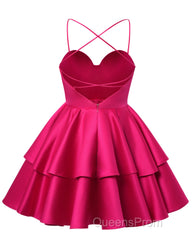 Fuchsia Satin Homecoming Dress Sweetheart Neck Tiered Short Graduation Dress