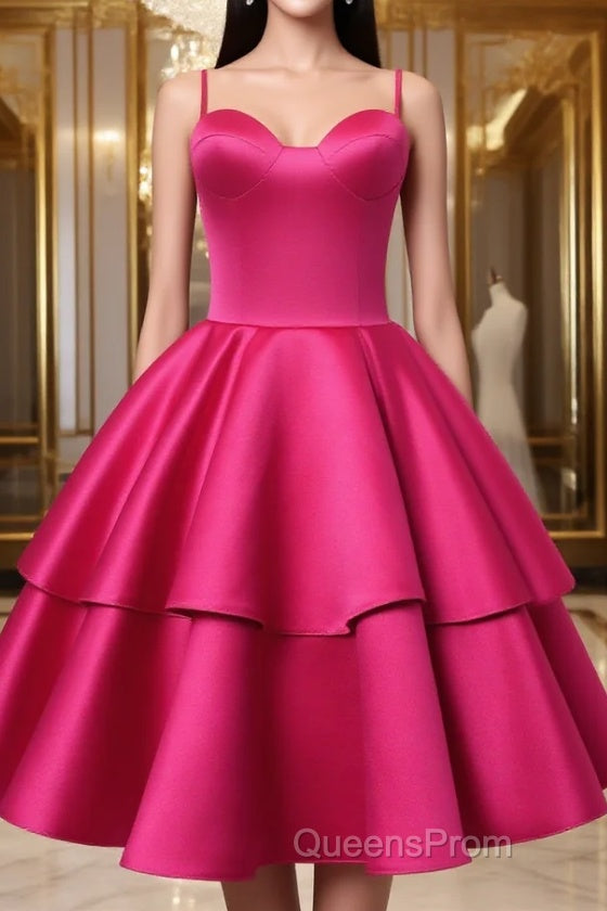 Fuchsia Satin Homecoming Dress Sweetheart Neck Tiered Short Graduation Dress Main image