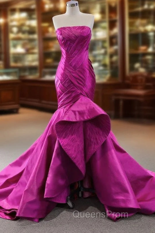 Fuchsia Satin Mermaid  Pleats Evening Prom Dress Main image