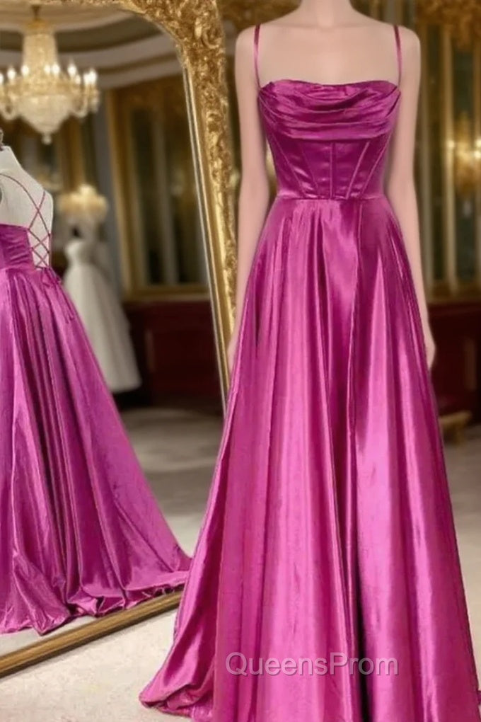 Fuchsia Satin Spaghetti Straps Evening Prom Dress Main image