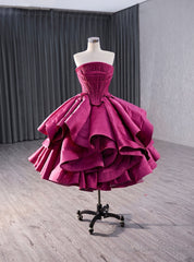 Fuchsia Satin Strapless Pleats Homecoming Dress