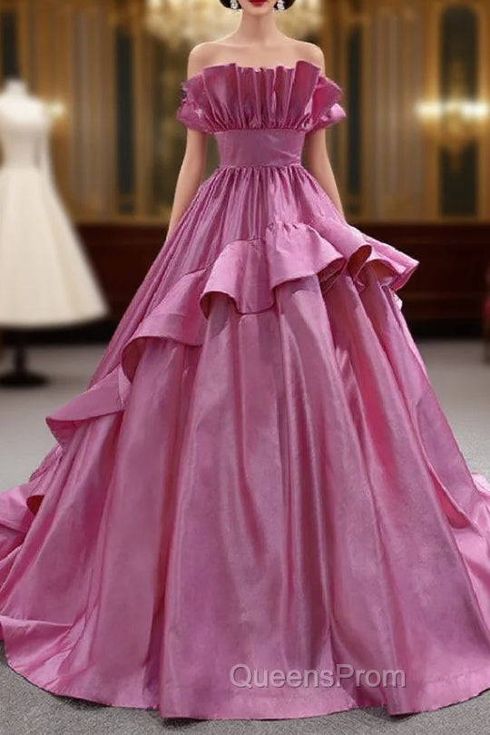 Fuchsia Satin Strapless Pleats Evening Prom Dress Main image