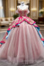 Fuchsia Satin Tulle Spaghetti Straps Appliques Evening Prom Dress